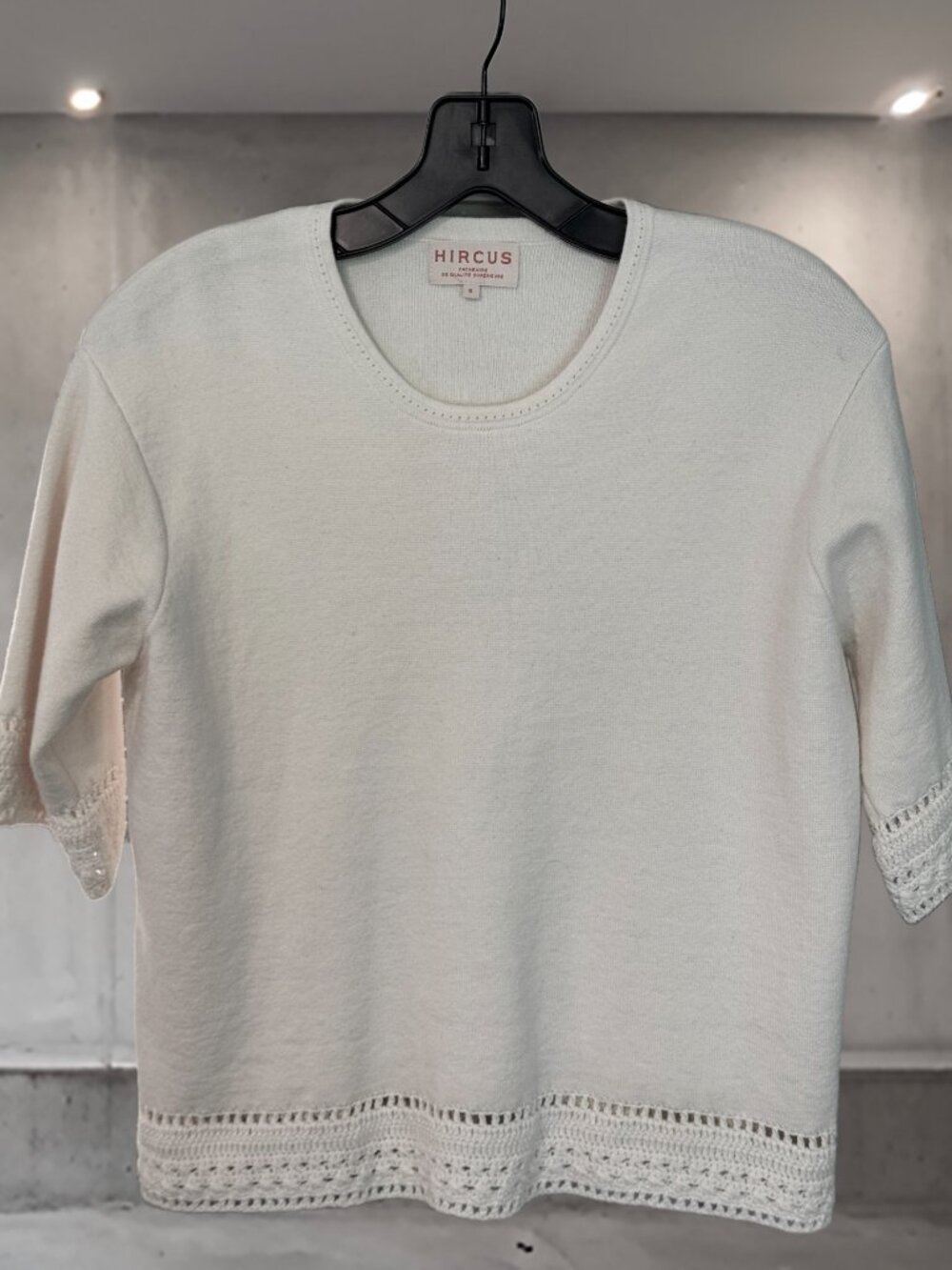 Hircus Cotton Cashmere Knit Top Cream Crochet Trim Short Sleeve Sweater S